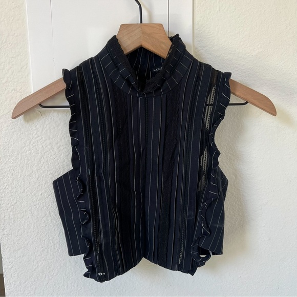 Marissa Webb Pin Stripe Ruffled Hem Cropped Blouse in Navy Blue - Picture 1 of 4